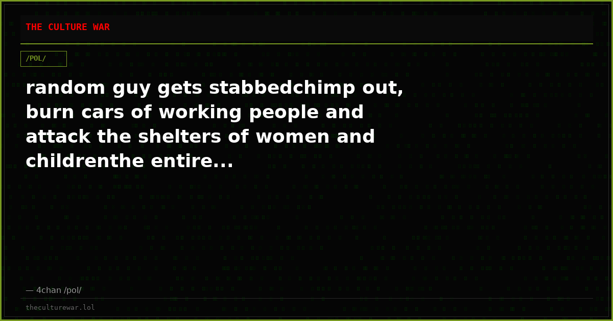 random guy gets stabbedchimp out, burn cars of working people and attack the shelters of women and childrenthe entire...