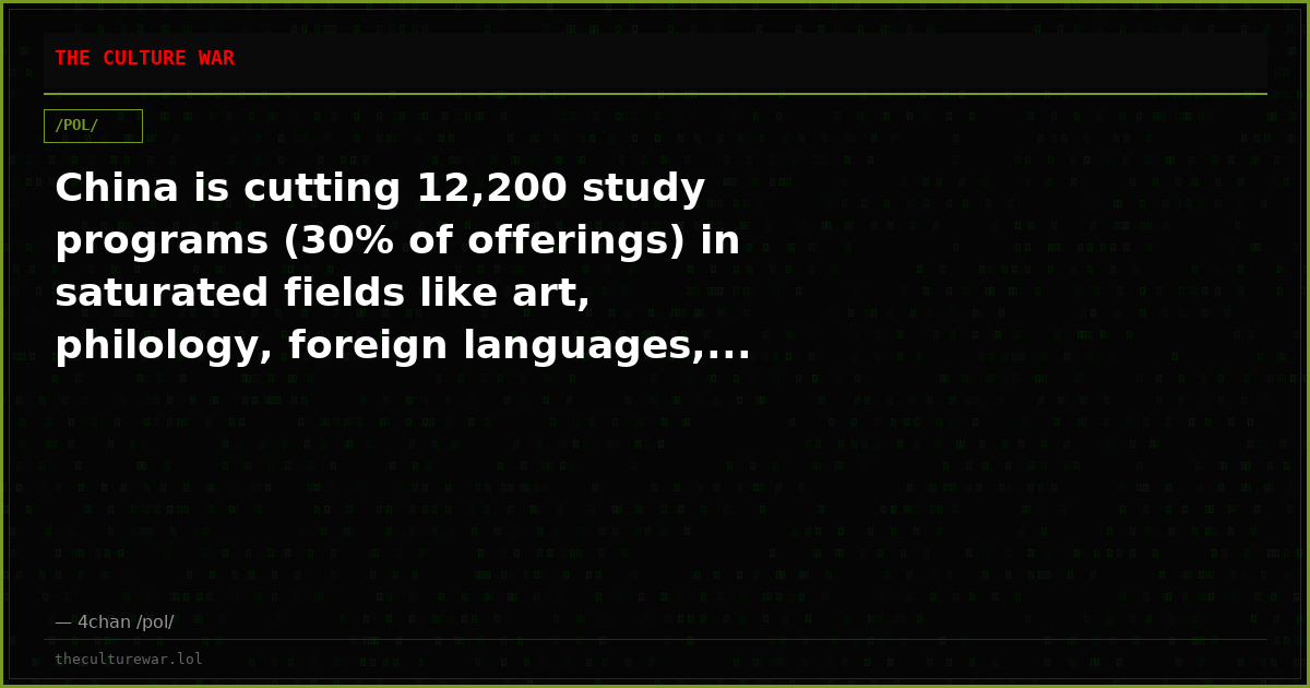 China is cutting 12,200 study programs (30% of offerings) in saturated fields like art, philology, foreign languages,...