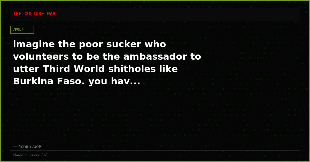 imagine the poor sucker who volunteers to be the ambassador to utter Third World shitholes like Burkina Faso. you hav...