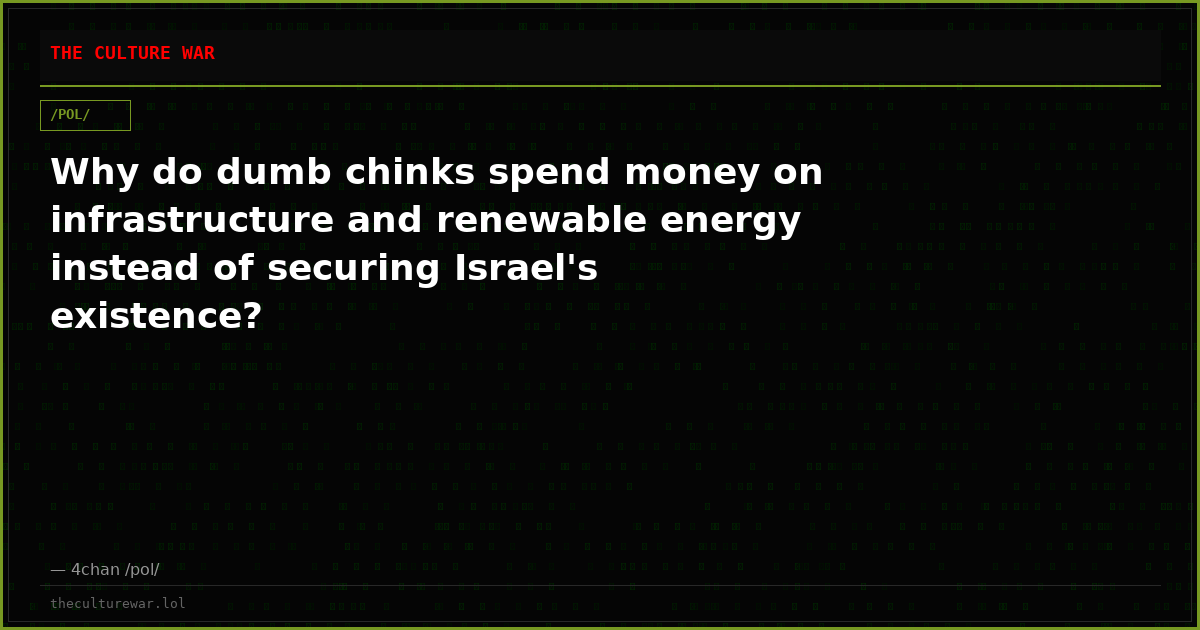 Why do dumb chinks spend money on infrastructure and renewable energy instead of securing Israel's existence?