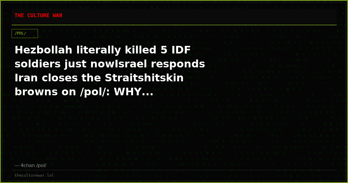 Hezbollah literally killed 5 IDF soldiers just nowIsrael responds Iran closes the Straitshitskin browns on /pol/: WHY...