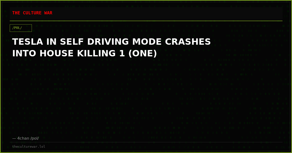 TESLA IN SELF DRIVING MODE CRASHES INTO HOUSE KILLING 1 (ONE)
