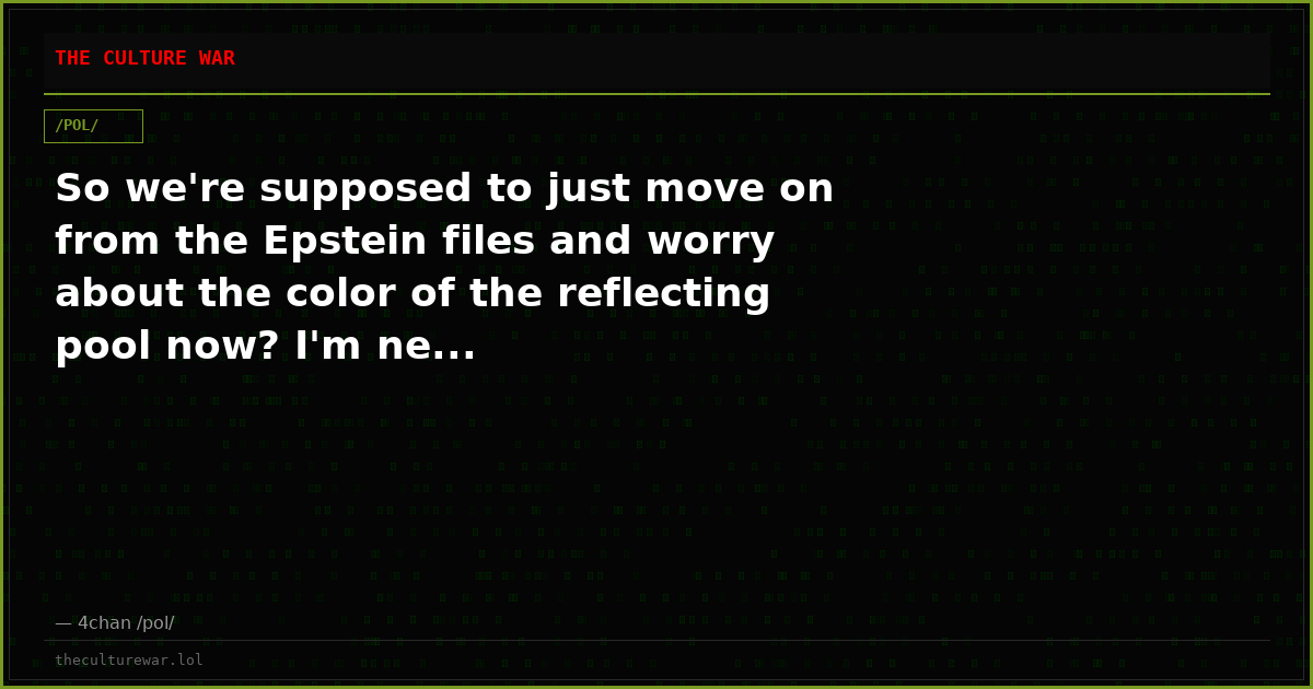 So we're supposed to just move on from the Epstein files and worry about the color of the reflecting pool now? I'm ne...