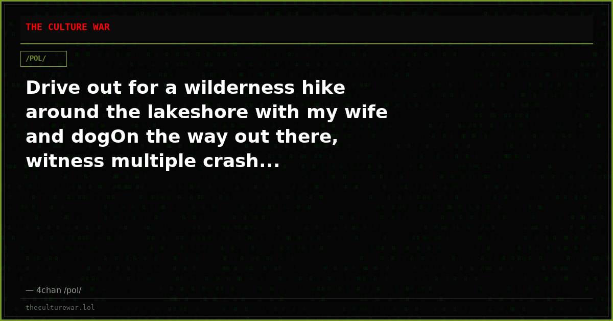 Drive out for a wilderness hike around the lakeshore with my wife and dogOn the way out there, witness multiple crash...
