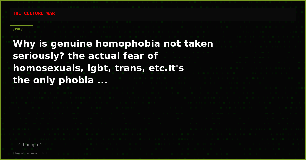 Why is genuine homophobia not taken seriously? the actual fear of homosexuals, lgbt, trans, etc.It's the only phobia ...