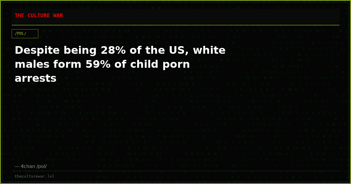 Despite being 28% of the US, white males form 59% of child porn arrests