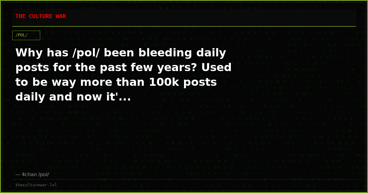 Why has /pol/ been bleeding daily posts for the past few years? Used to be way more than 100k posts daily and now it'...