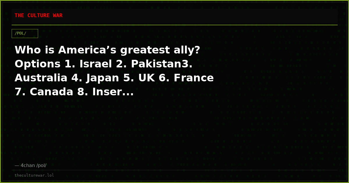 Who is America’s greatest ally? Options 1. Israel 2. Pakistan3. Australia 4. Japan 5. UK 6. France 7. Canada 8. Inser...