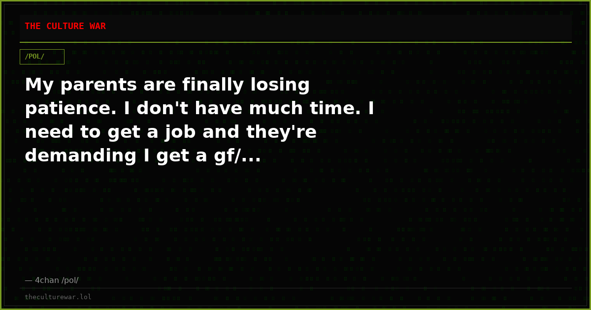 My parents are finally losing patience. I don't have much time. I need to get a job and they're demanding I get a gf/...