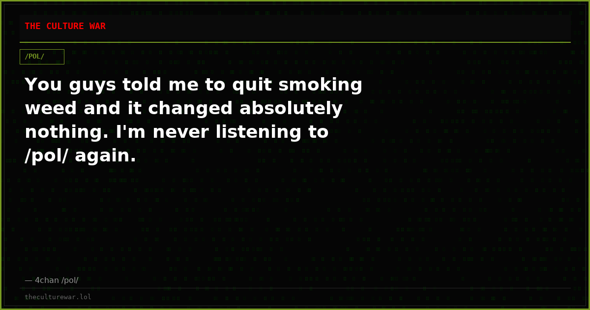 You guys told me to quit smoking weed and it changed absolutely nothing. I'm never listening to /pol/ again.