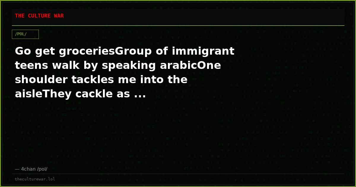 Go get groceriesGroup of immigrant teens walk by speaking arabicOne shoulder tackles me into the aisleThey cackle as ...