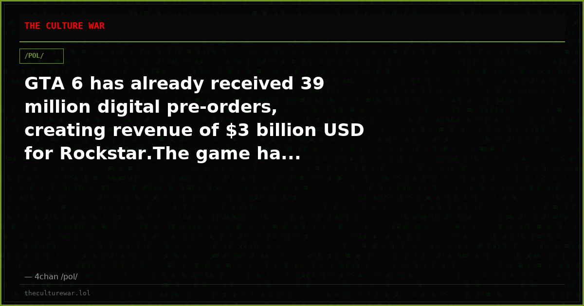 GTA 6 has already received 39 million digital pre-orders, creating revenue of $3 billion USD for Rockstar.The game ha...