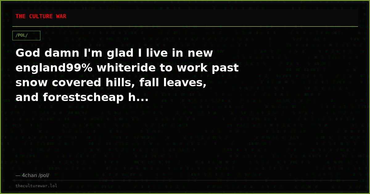 God damn I'm glad I live in new england99% whiteride to work past snow covered hills, fall leaves, and forestscheap h...