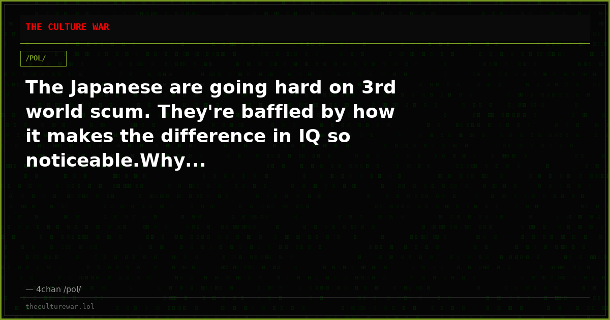 The Japanese are going hard on 3rd world scum. They're baffled by how it makes the difference in IQ so noticeable.Why...