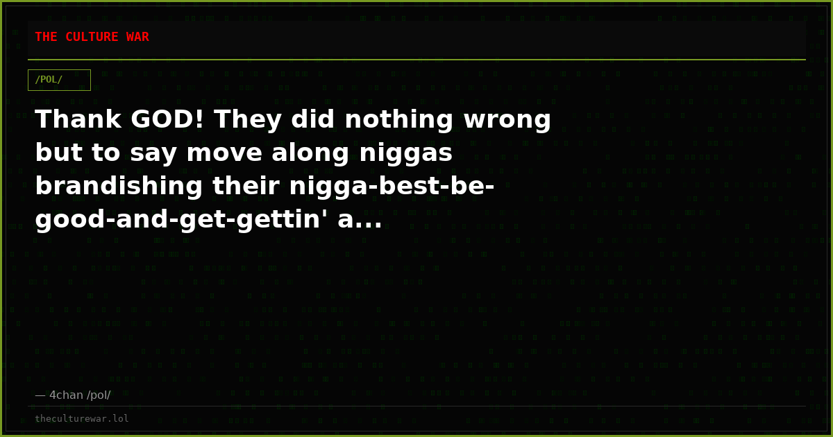Thank GOD! They did nothing wrong but to say move along niggas brandishing their nigga-best-be-good-and-get-gettin' a...