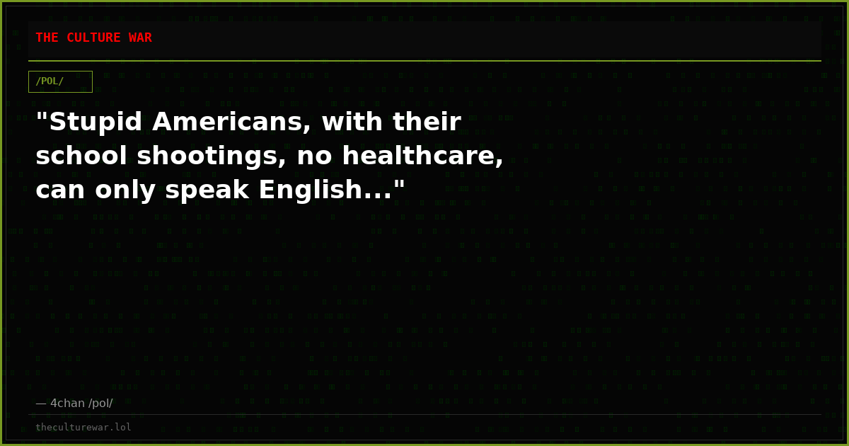"Stupid Americans, with their school shootings, no healthcare, can only speak English..."