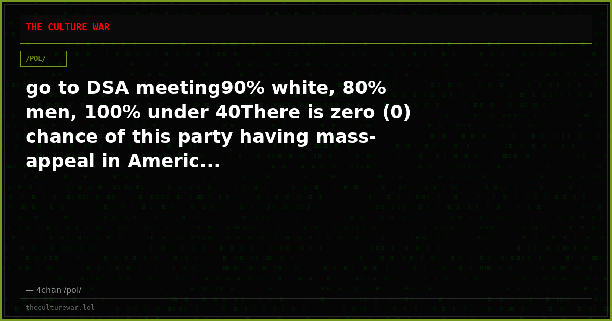 go to DSA meeting90% white, 80% men, 100% under 40There is zero (0) chance of this party having mass-appeal in Americ...