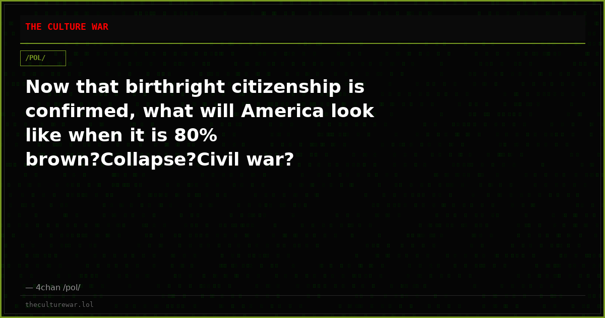 Now that birthright citizenship is confirmed, what will America look like when it is 80% brown?Collapse?Civil war?