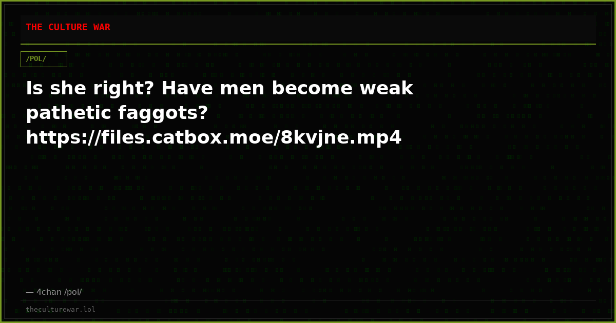 Is she right? Have men become weak pathetic faggots? https://files.catbox.moe/8kvjne.mp4