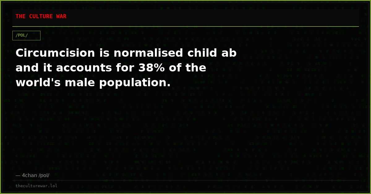 Circumcision is normalised child ab and it accounts for 38% of the world's male population.