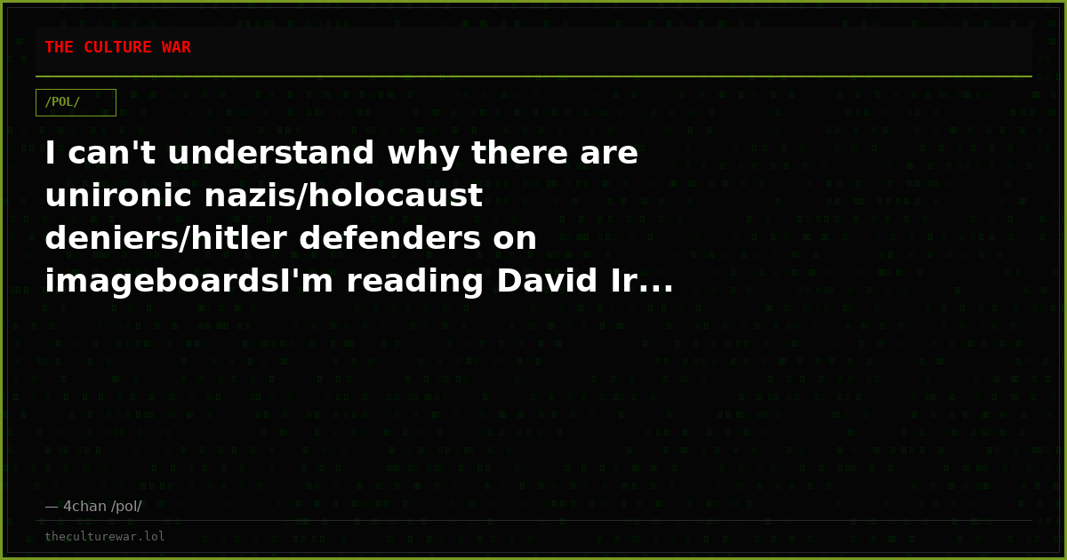 I can't understand why there are unironic nazis/holocaust deniers/hitler defenders on imageboardsI'm reading David Ir...