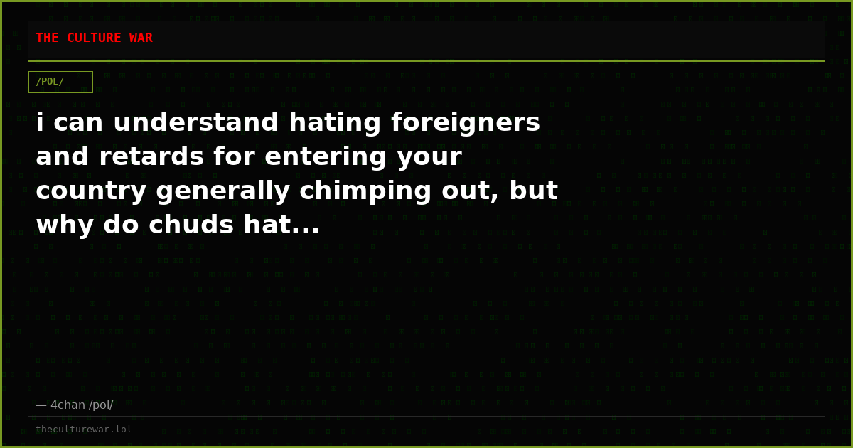 i can understand hating foreigners and retards for entering your country generally chimping out, but why do chuds hat...