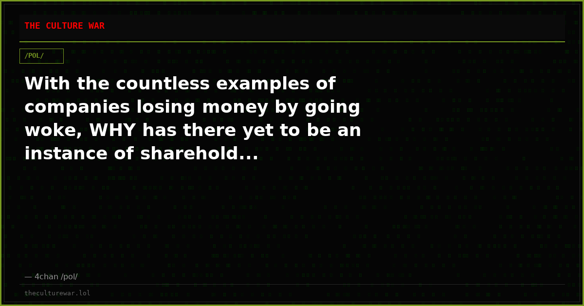 With the countless examples of companies losing money by going woke, WHY has there yet to be an instance of sharehold...