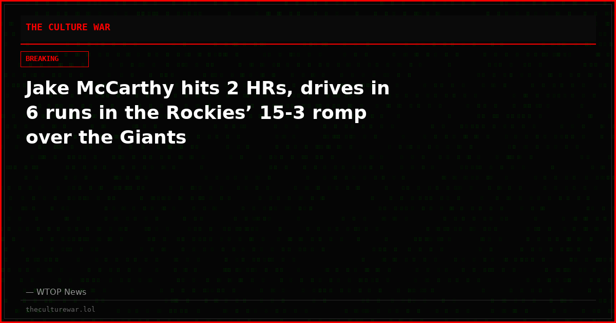 Jake McCarthy hits 2 HRs, drives in 6 runs in the Rockies’ 15-3 romp over the Giants