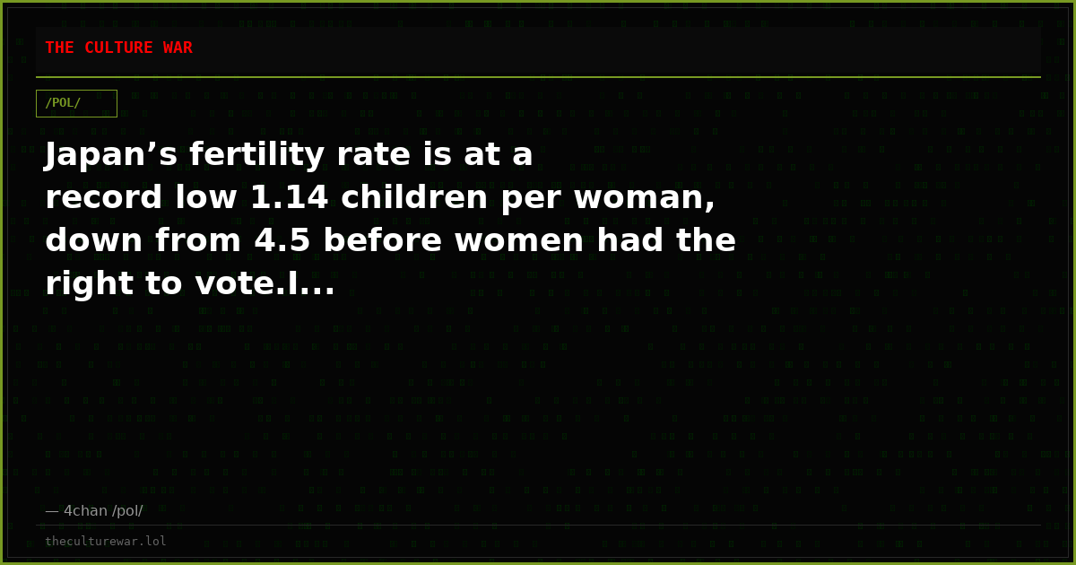 Japan’s fertility rate is at a record low 1.14 children per woman, down from 4.5 before women had the right to vote.I...