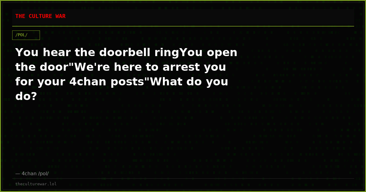 You hear the doorbell ringYou open the door"We're here to arrest you for your 4chan posts"What do you do?