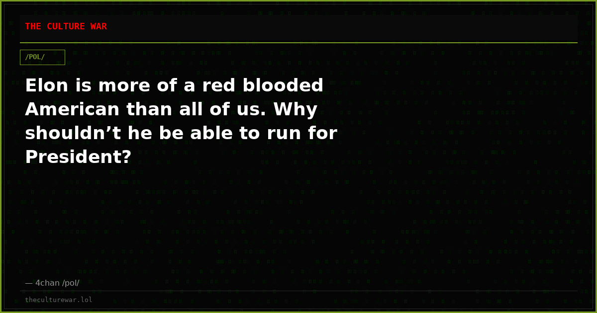 Elon is more of a red blooded American than all of us. Why shouldn’t he be able to run for President?