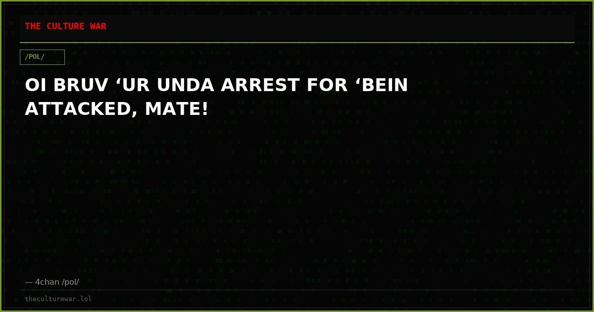 OI BRUV ‘UR UNDA ARREST FOR ‘BEIN ATTACKED, MATE!