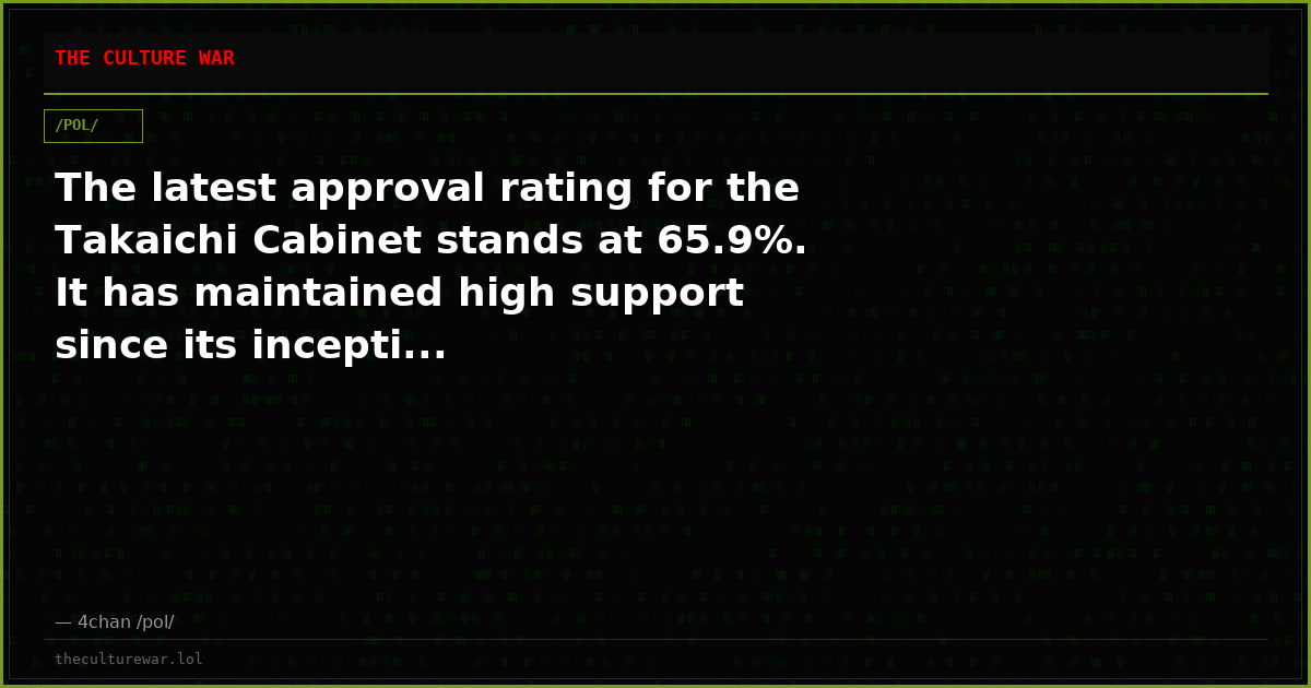 The latest approval rating for the Takaichi Cabinet stands at 65.9%. It has maintained high support since its incepti...