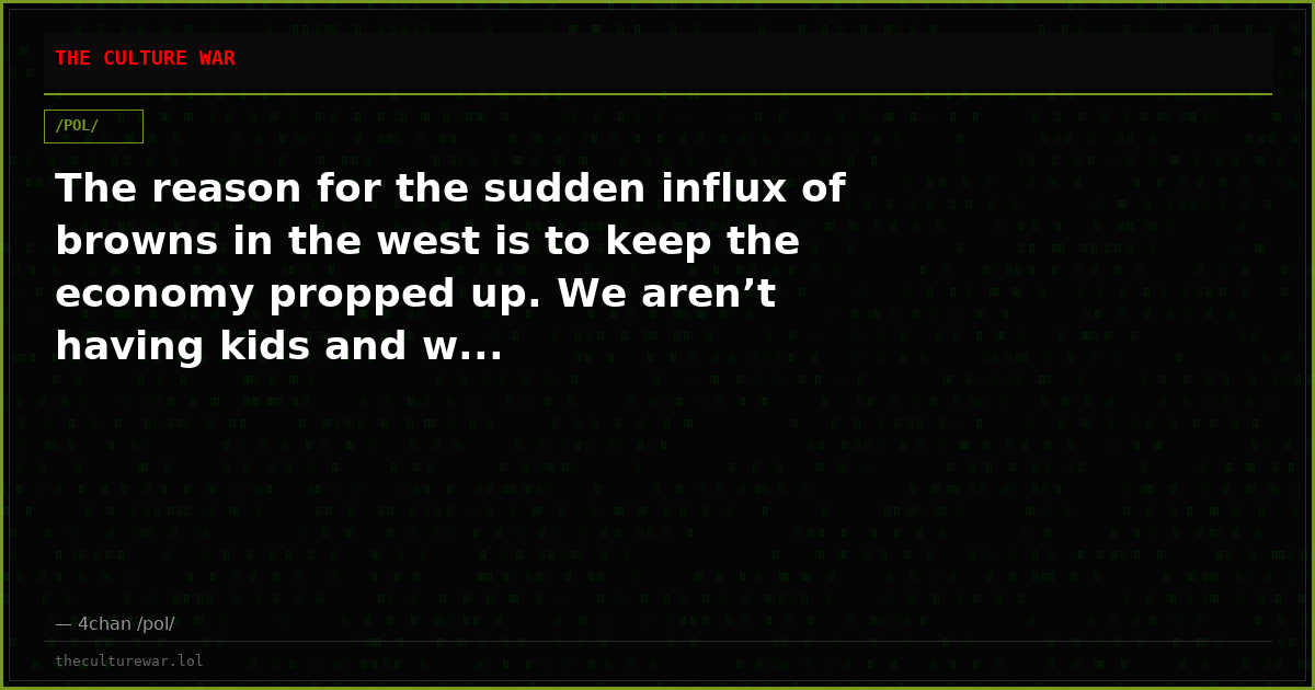 The reason for the sudden influx of browns in the west is to keep the economy propped up. We aren’t having kids and w...