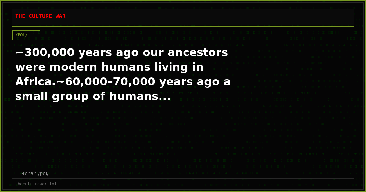 ~300,000 years ago our ancestors were modern humans living in Africa.~60,000–70,000 years ago a small group of humans...