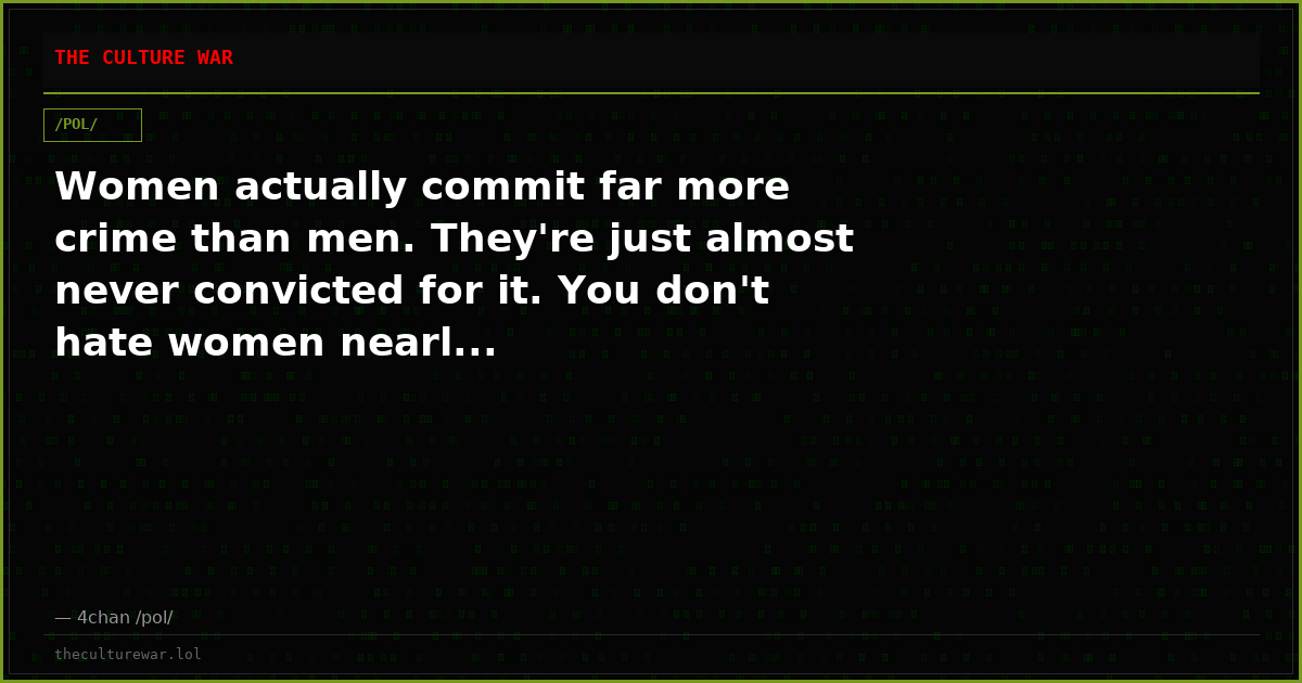 Women actually commit far more crime than men. They're just almost never convicted for it. You don't hate women nearl...