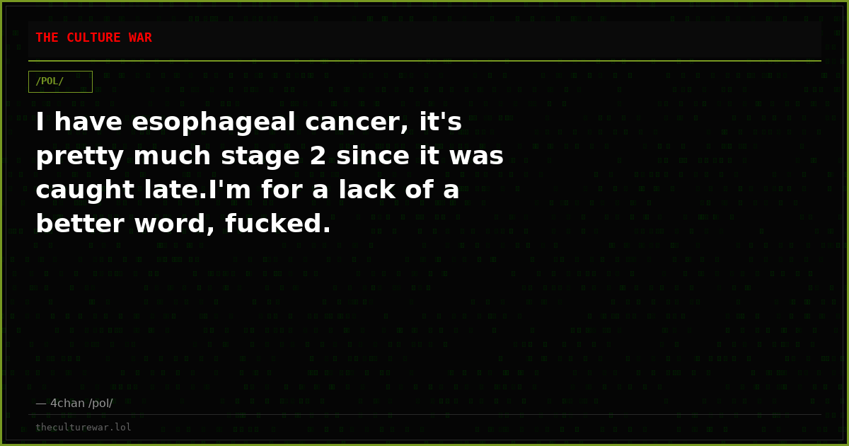 I have esophageal cancer, it's pretty much stage 2 since it was caught late.I'm for a lack of a better word, fucked.