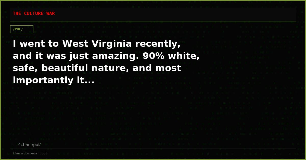 I went to West Virginia recently, and it was just amazing. 90% white, safe, beautiful nature, and most importantly it...