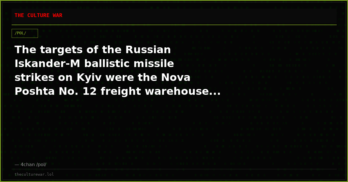 The targets of the Russian Iskander-M ballistic missile strikes on Kyiv were the Nova Poshta No. 12 freight warehouse...