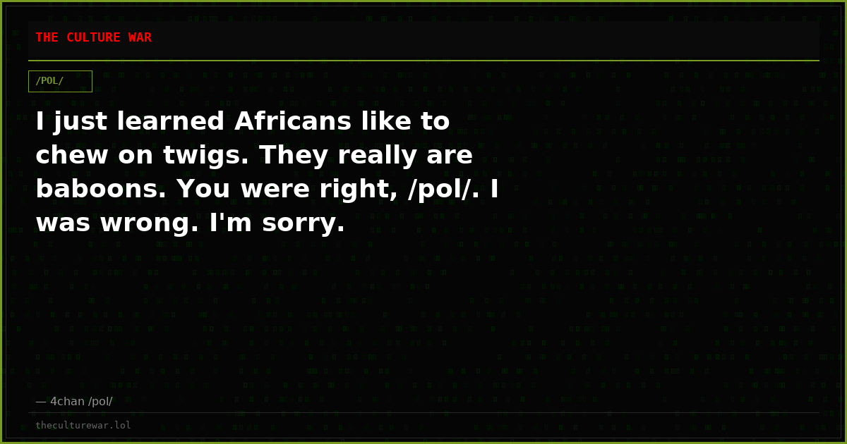 I just learned Africans like to chew on twigs. They really are baboons. You were right, /pol/. I was wrong. I'm sorry.