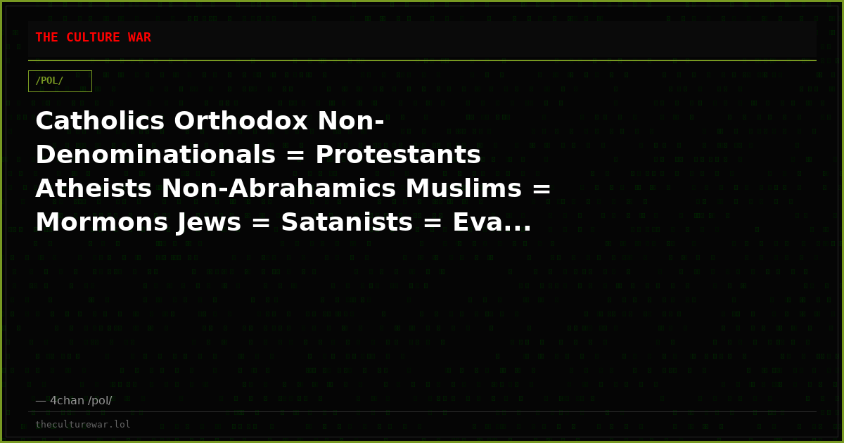 Catholics Orthodox Non-Denominationals = Protestants Atheists Non-Abrahamics Muslims = Mormons Jews = Satanists = Eva...