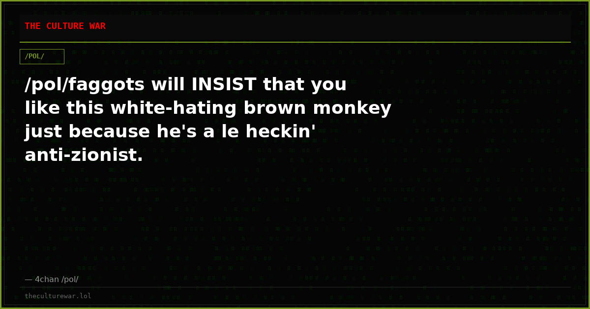 /pol/faggots will INSIST that you like this white-hating brown monkey just because he's a le heckin' anti-zionist.