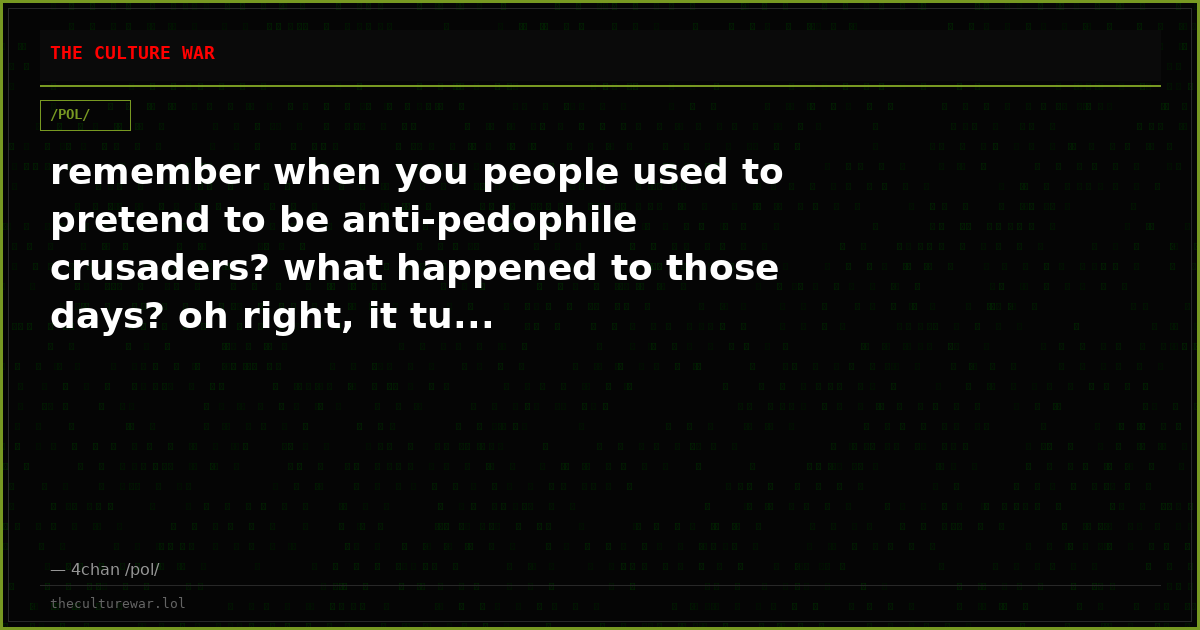 remember when you people used to pretend to be anti-pedophile crusaders? what happened to those days? oh right, it tu...