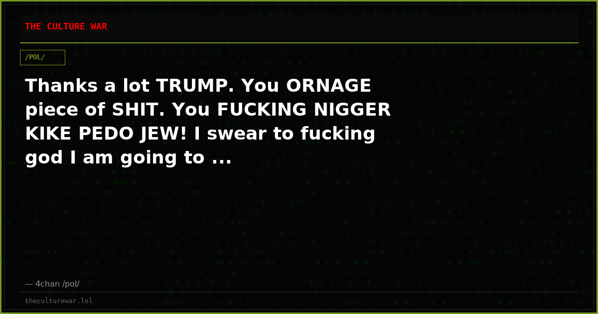 Thanks a lot TRUMP. You ORNAGE piece of SHIT. You FUCKING NIGGER KIKE PEDO JEW! I swear to fucking god I am going to ...