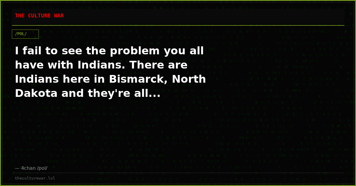 I fail to see the problem you all have with Indians. There are Indians here in Bismarck, North Dakota and they're all...