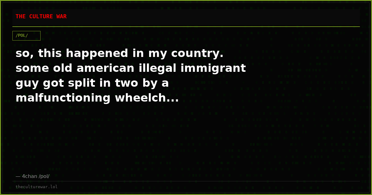 so, this happened in my country. some old american illegal immigrant guy got split in two by a malfunctioning wheelch...
