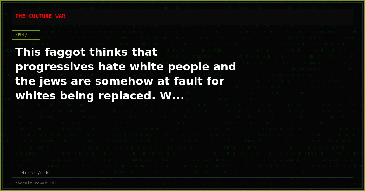 This faggot thinks that progressives hate white people and the jews are somehow at fault for whites being replaced. W...