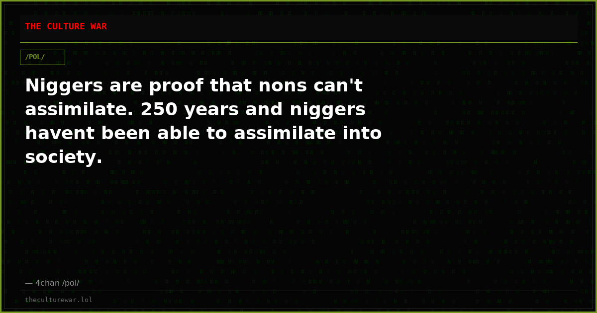 Niggers are proof that nons can't assimilate. 250 years and niggers havent been able to assimilate into society.