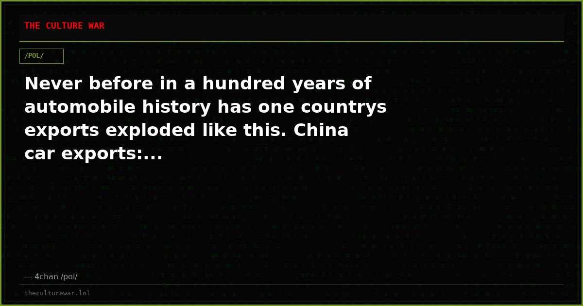 Never before in a hundred years of automobile history has one countrys exports exploded like this. China car exports:...