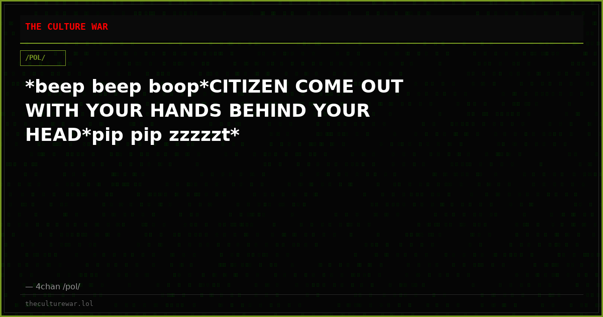 *beep beep boop*CITIZEN COME OUT WITH YOUR HANDS BEHIND YOUR HEAD*pip pip zzzzzt*